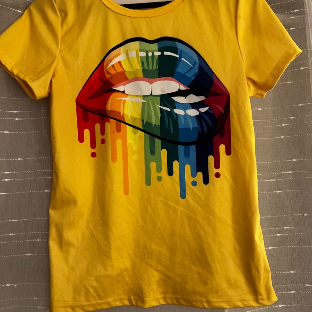 Vibrant Yellow Kids Shirt with Colorful Lips Design